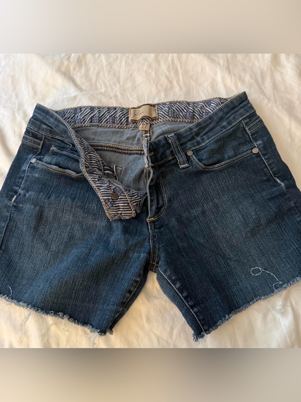 PAIGE Light and Dark Blue Two-Tone Denim Shorts